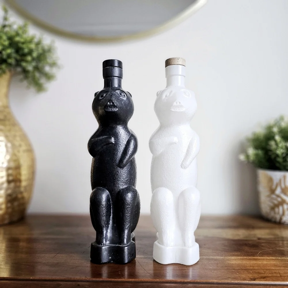 Vintage Mid Century Modern Black & White Figural Liquor Bottles Pair Ceramic Dec